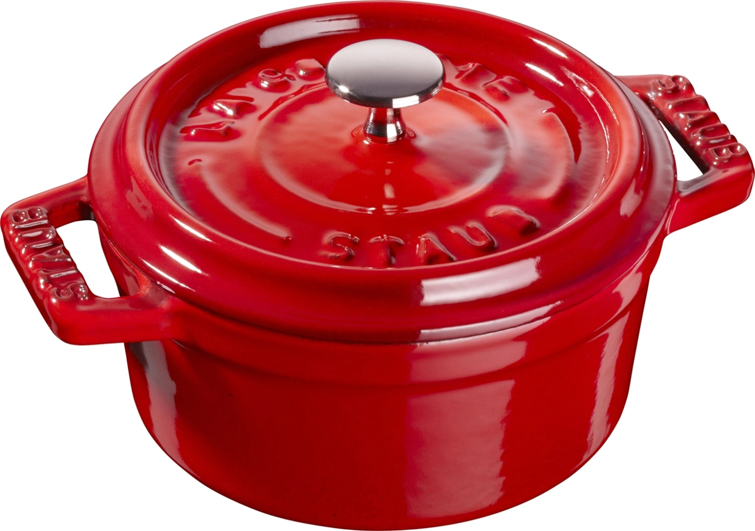 Kompakte Mini Cocotte in leuchtendem Kirsch-Rot, 10 cm Durchmesser, aus robustem Gusseisen, perfekt für individuelle Portionen und elegante Präsentationen.