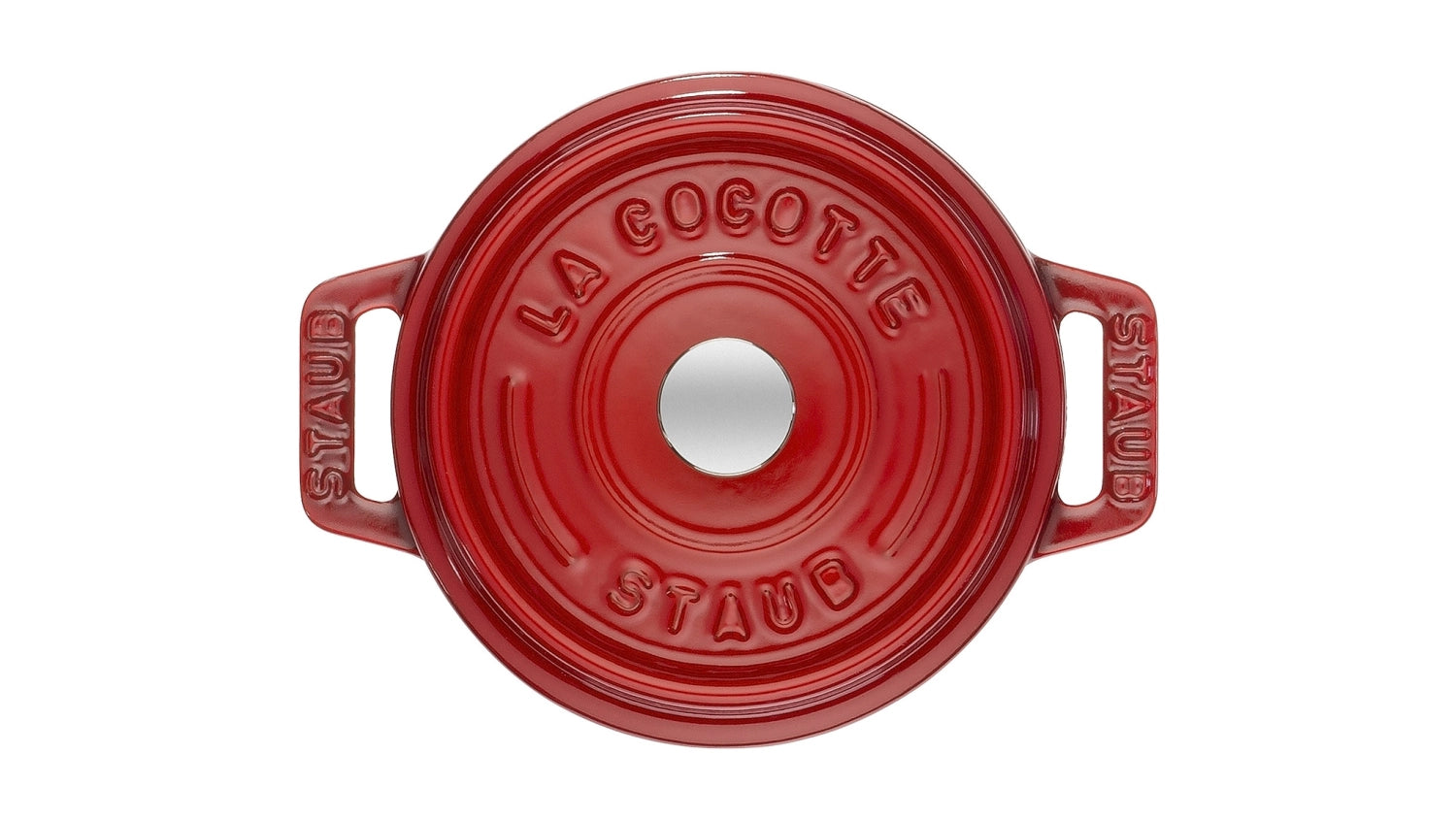 Kleine, runde Cocotte in strahlendem Kirsch-Rot, 10 cm, aus langlebigem Gusseisen, ideal für kreative Gerichte und stilvolle Servierideen.