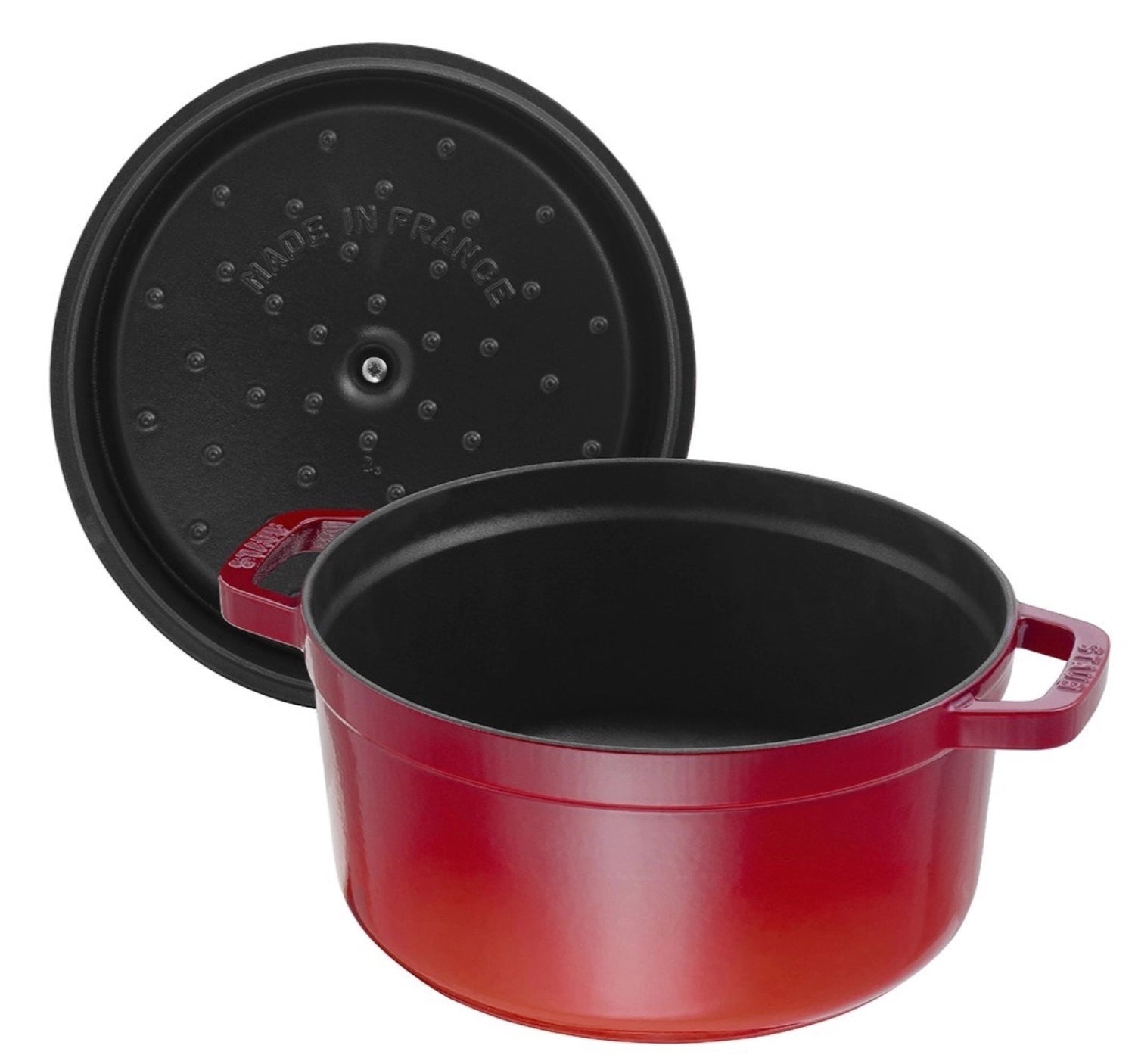 Elegante runde Cocotte in leuchtendem Kirsch-Rot, 28 cm, aus robustem Gusseisen mit 6,7 l Volumen – perfekt für köstliche Mahlzeiten und ansprechende Tischpräsentation.