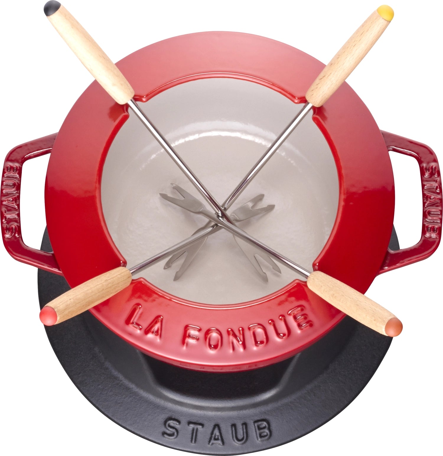 Elegantes Fondue Set in Kirsch-Rot von Staub, 16 cm Durchmesser, ausgestattet mit zwei Griffen für einfaches Handling. Ideal für gesellige Anlässe.