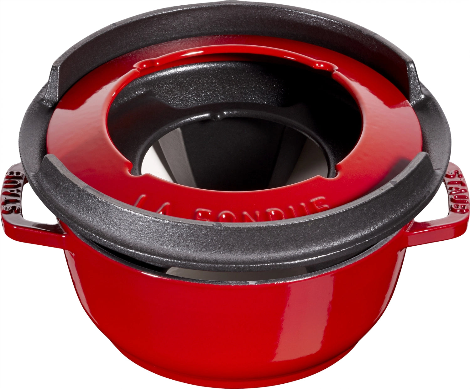 Rundes Fondue Set in ansprechendem Kirsch-Rot, 16 cm, mit praktischen Griffen. Perfekt für gesellige Abende und kulinarische Erlebnisse.