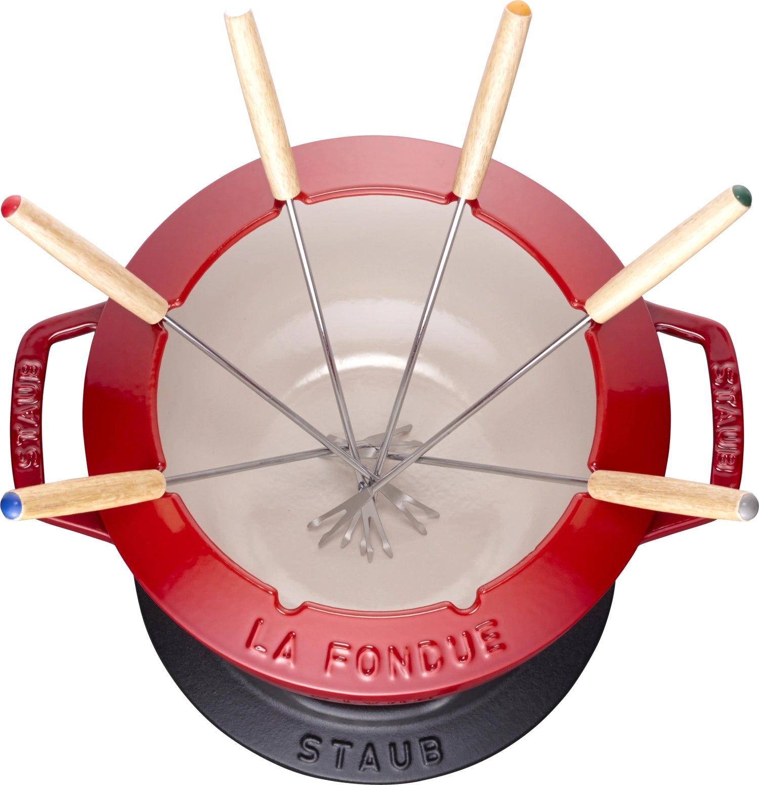 Elegantes Fondue Set in strahlendem Kirsch-Rot von Staub, 18 cm Durchmesser, perfekt für gesellige Anlässe, ausgestattet mit zwei handlichen Griffen.