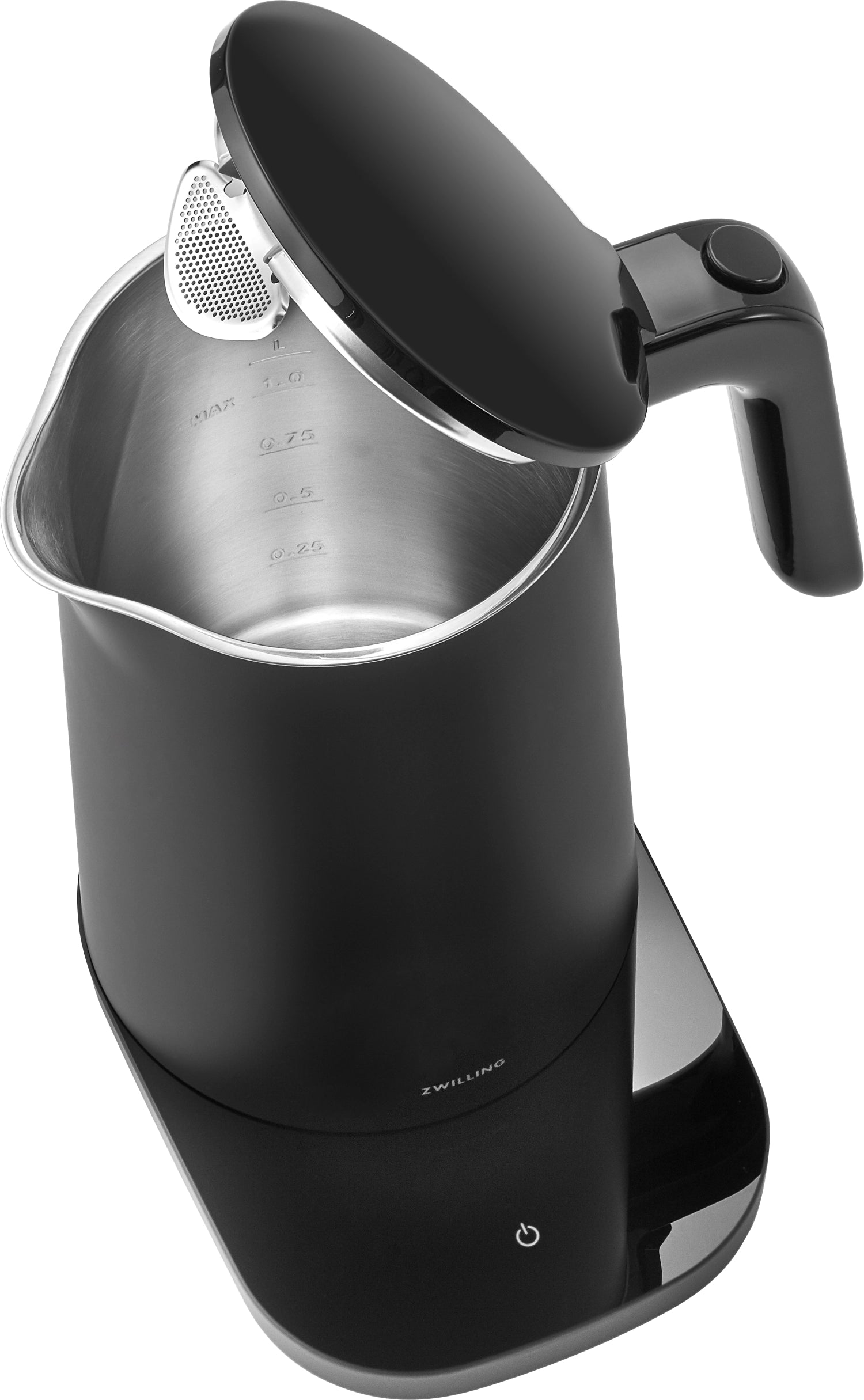 Schwarzer Enfinigy Wasserkocher PRO von Zwilling, 1 Liter, ideal für präzises Erhitzen und modernes Küchendesign.