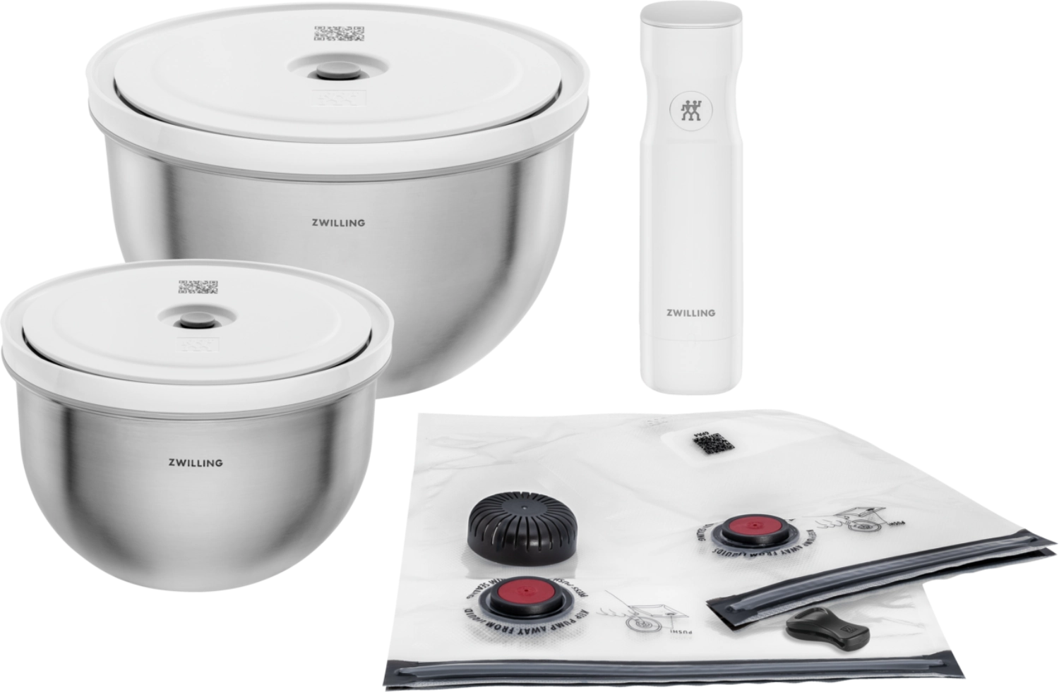 9tlg. Fresh & Save Bowls Vakuum Starter Set von Zwilling aus Edelstahl, ideal zum Frischhalten von Lebensmitteln und zur Reduzierung von Abfall.