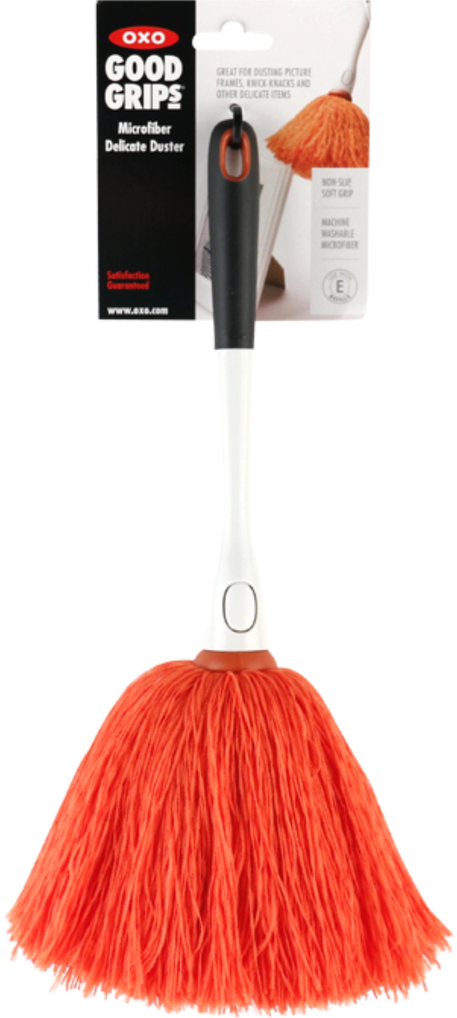 Kleiner, handlicher Staubwedel in leuchtendem Orange von OXO, ideal für präzise Reinigung in schwer erreichbaren Bereichen.