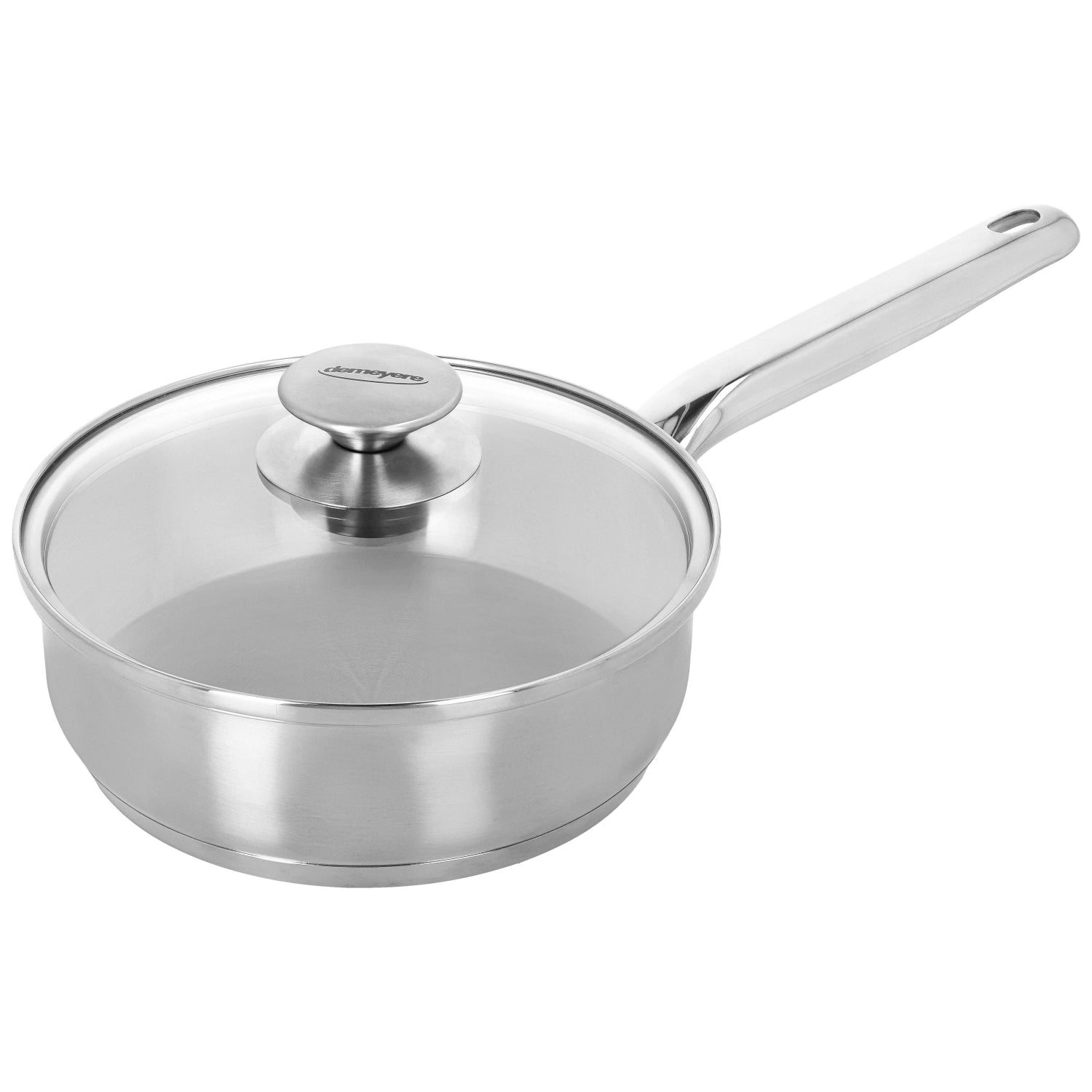 Elegante Demeyere Gourmetpfanne mit transparentem Glasdeckel, ideal für vielseitige Kochtechniken und ansprechende Präsentation.