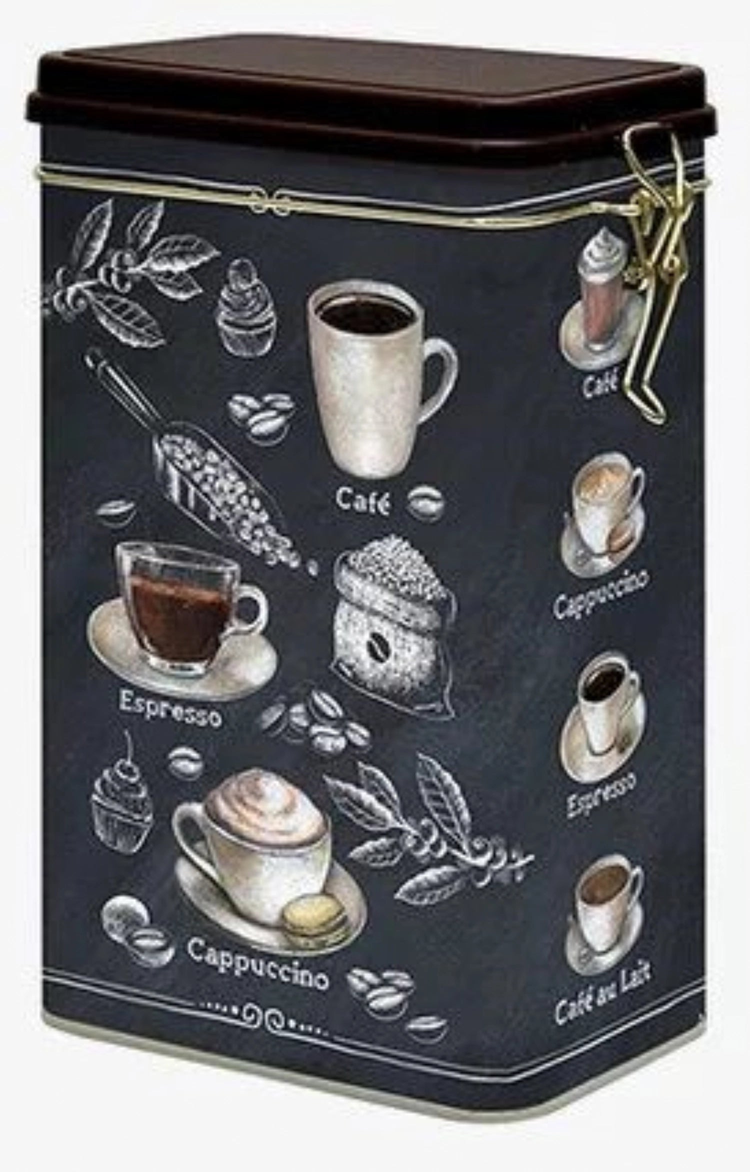 Elegante Barista Kaffeedose aus Blech, 13x8x21cm, ideal zur Aufbewahrung von Kaffee und anderen Vorräten, kombiniert Funktionalität mit modernem Design.