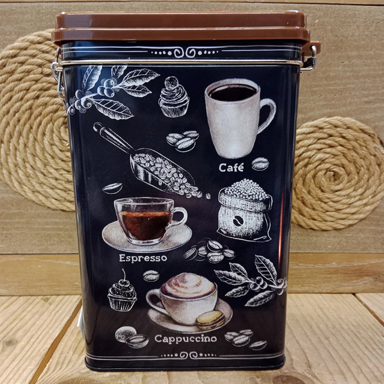 Stilvolle Kaffeedose aus robustem Blech, 13x8x21cm, perfekt für die frische Aufbewahrung von Kaffee und Lebensmitteln, vereint praktischen Nutzen mit ansprechendem Design.