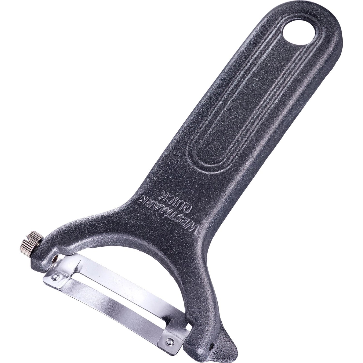 Schwarzer Gemüse- und Spargelschäler von Westmark in der Black Edition, ergonomisch gestaltet für müheloses Schälen von Gemüse.