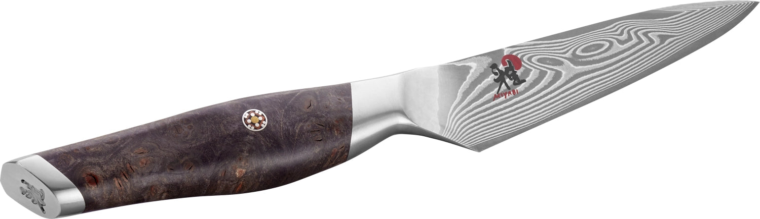 Elegantes 10 cm Küchenmesser Iki Shotoh von Miyabi, ideal für präzises Schneiden, mit kunstvollem Design und hochwertigen Materialien.