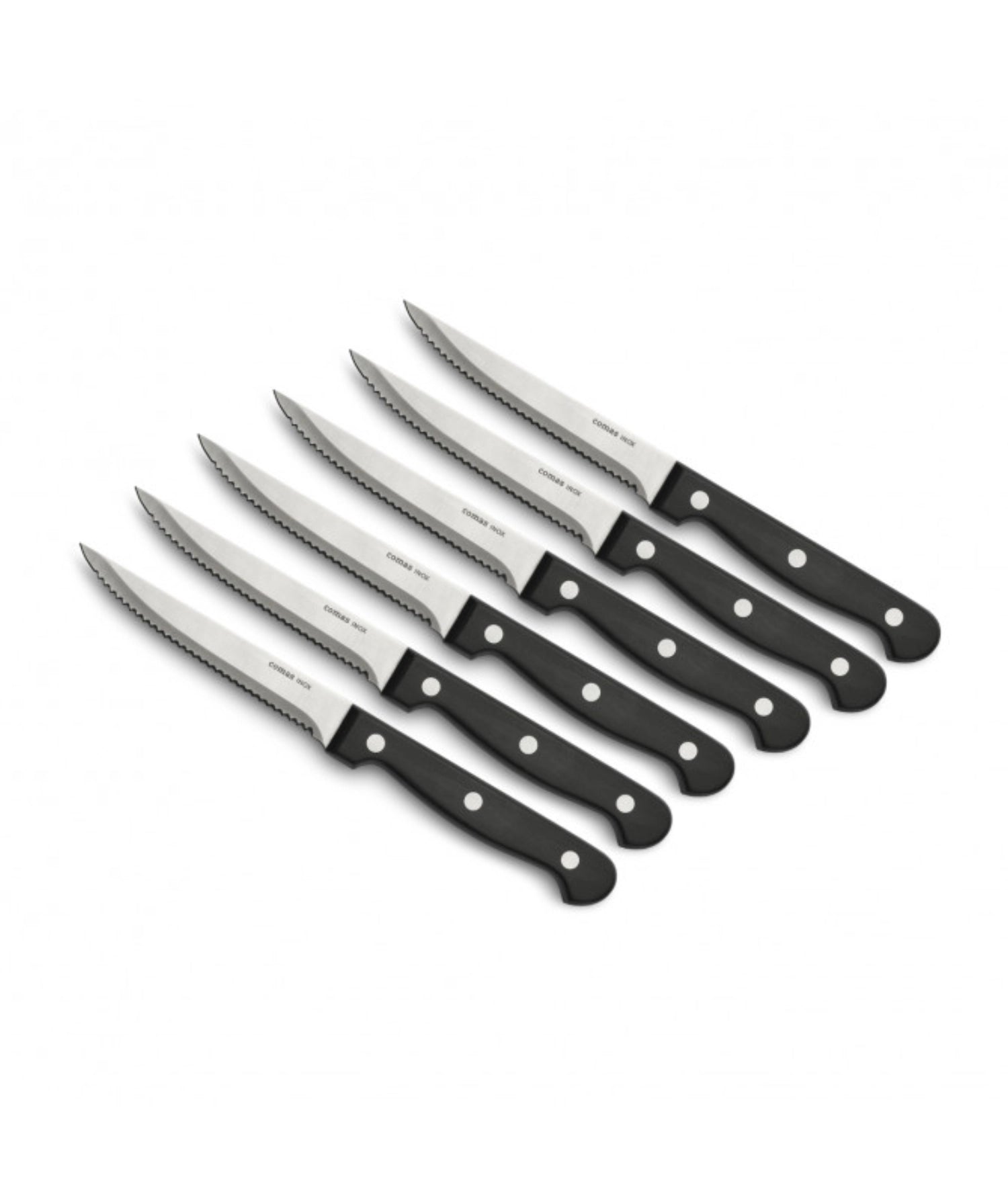 Elegantes 6er Set Steakmesser von Comas, perfekt für Fleischliebhaber, mit ergonomischen Griffen und langlebigen, scharfen Klingen für müheloses Schneiden.