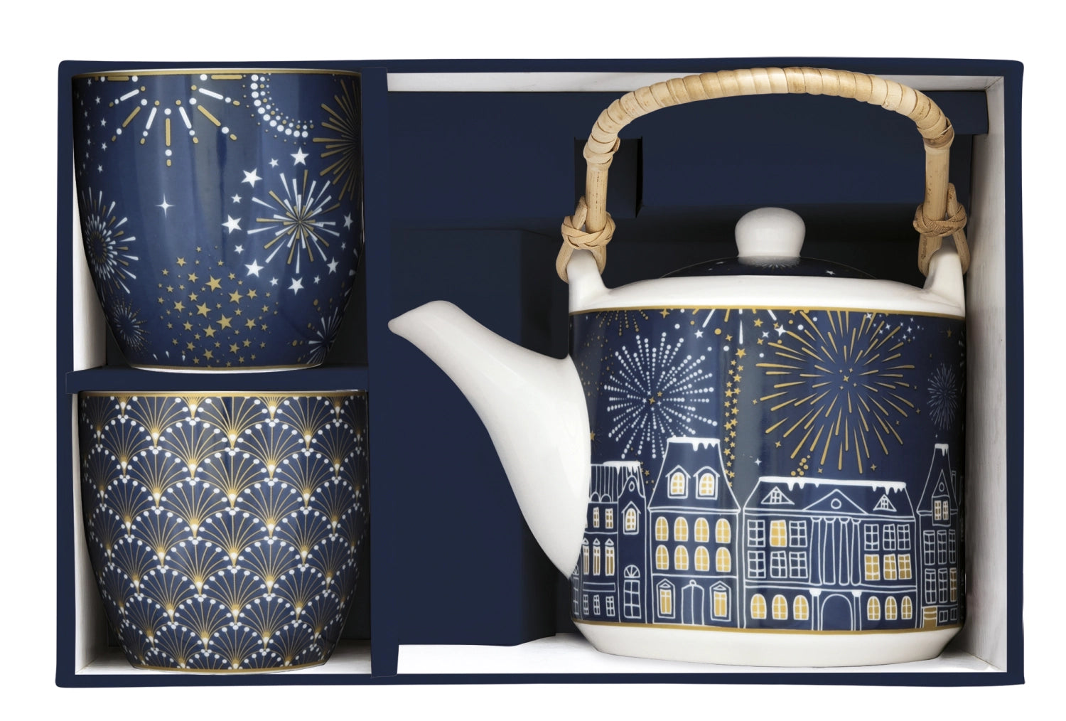 Elegantes Midnight Teeset mit 600ml Teekanne und zwei blauen Porzellantassen, ideal für stilvolle Teestunden. Perfekt für Teeliebhaber.
