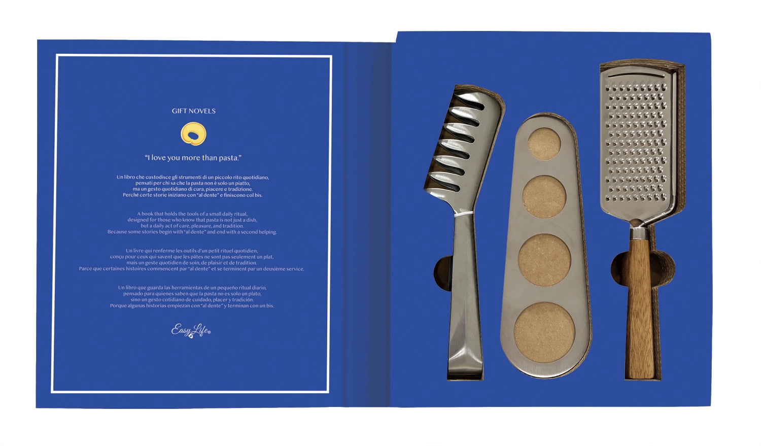 Buntes Geschenkset Pasta von Easy Life, ideal für Kochliebhaber. Enthält praktische Küchenhelfer für die Zubereitung von Pasta.