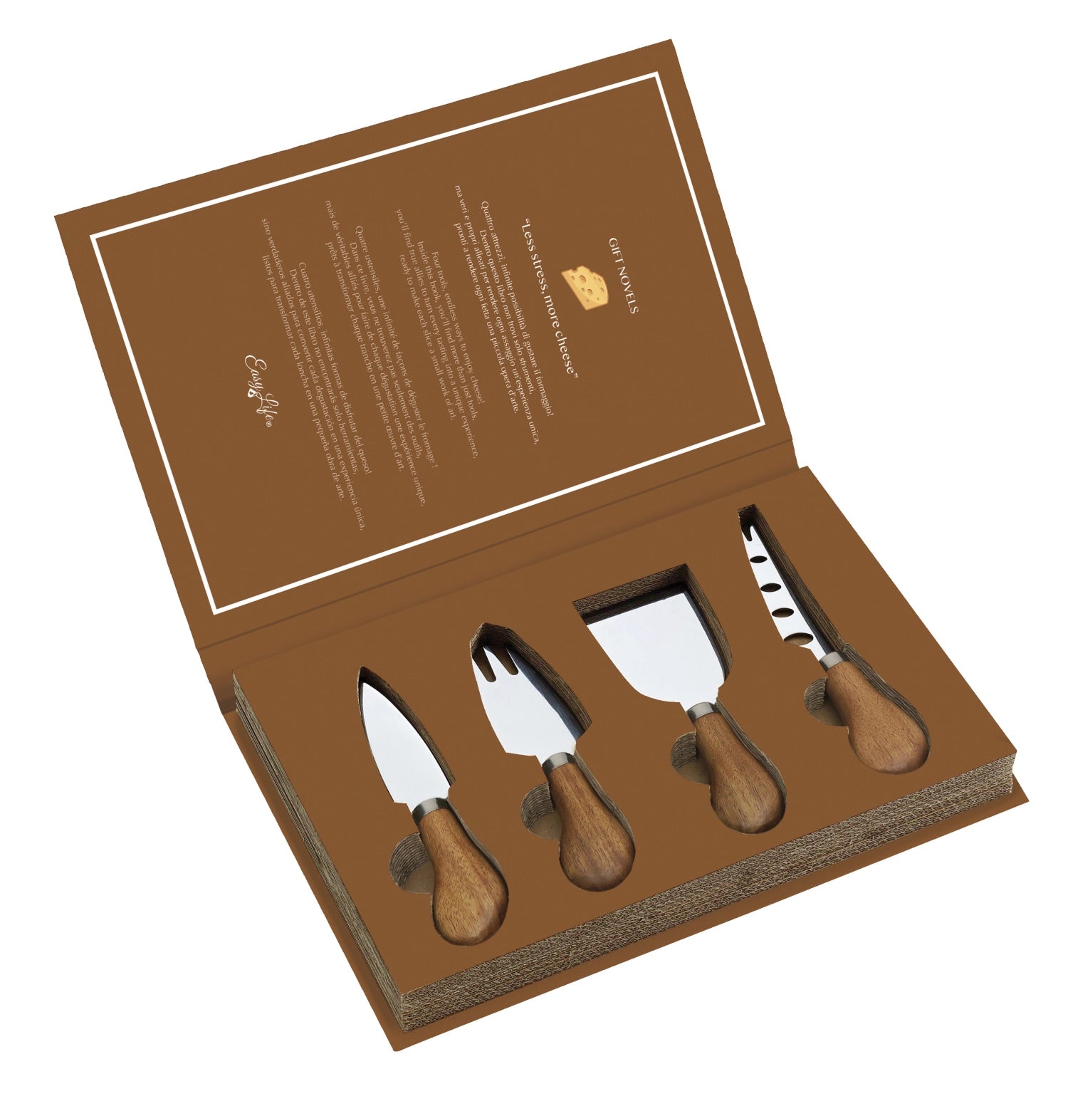 Buntes Geschenkset "Less stress more Cheese" von Easy Life, ideal für Käseliebhaber, mit hochwertigen Küchenmessern für müheloses Schneiden.