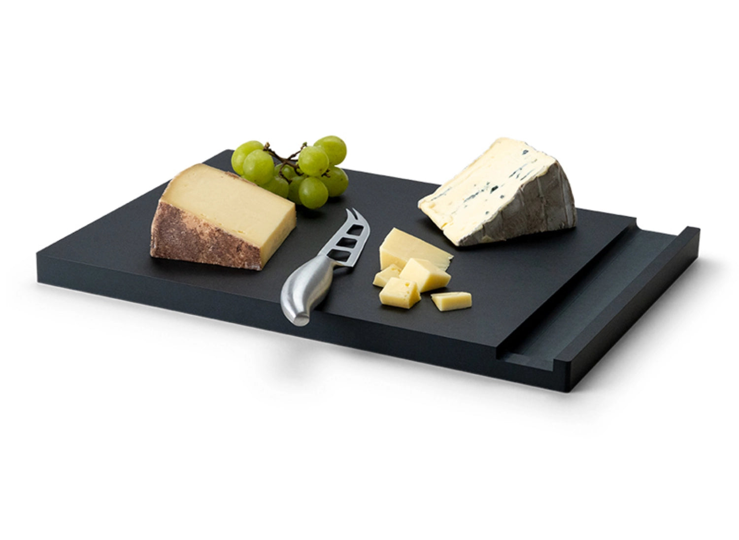 Elegantes Käse-Set mit schwarzem Duracore-Messer, ideal für stilvolles Servieren und Schneiden von Käse, präsentiert auf einem hochwertigen Schneidbrett.