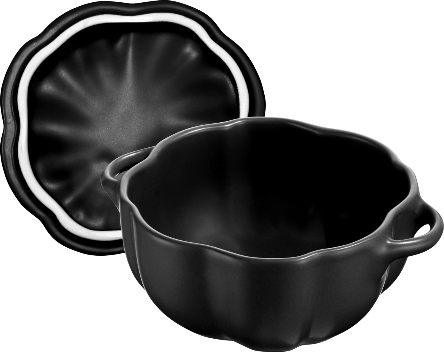 Elegante schwarze Cocotte im Kürbisstil, 12 cm, aus langlebiger Keramik mit 0,5 l Volumen. Ideal für stilvolle Gerichte und besondere Anlässe.