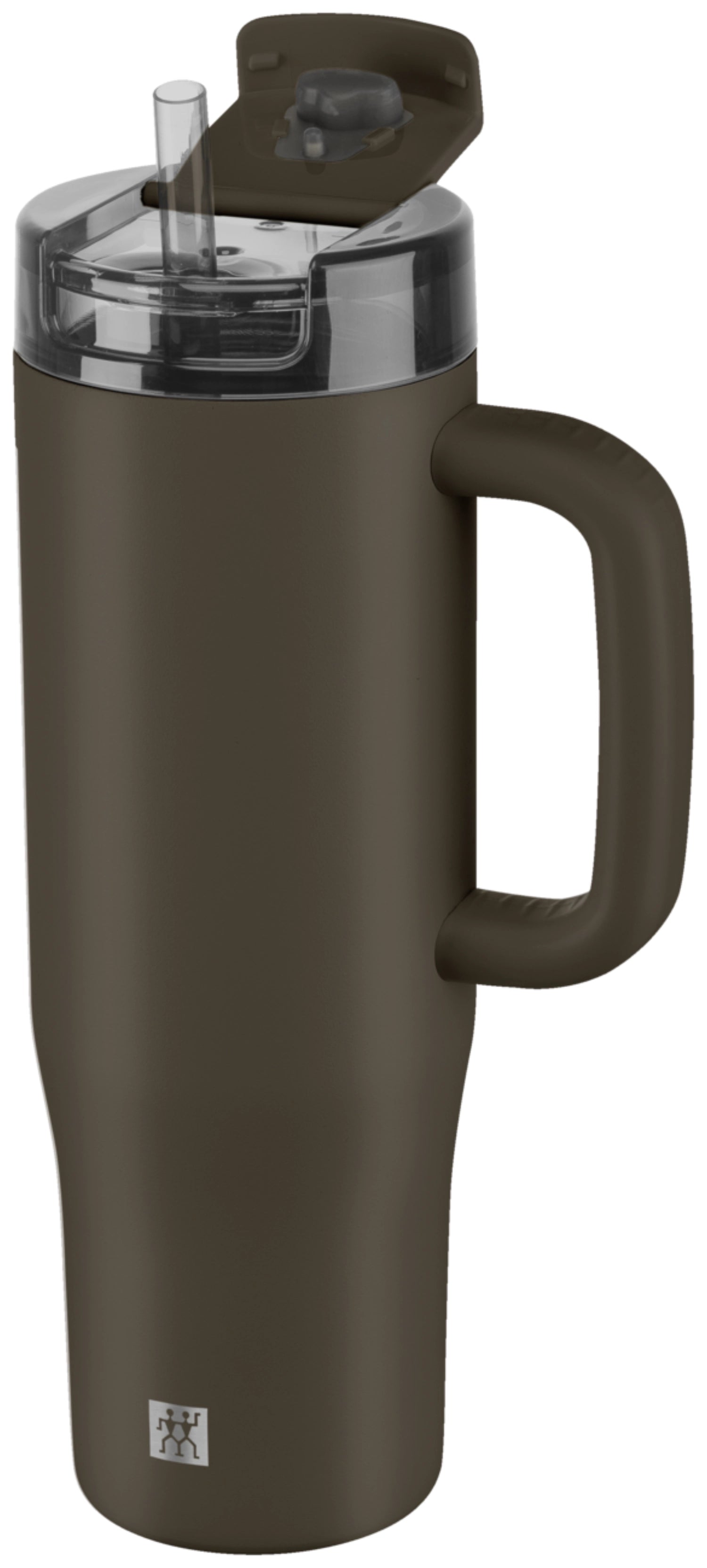 Stylischer Thermobecher in Grau mit Strohhalm, ideal für unterwegs. 900ml Fassungsvermögen, perfekt für heiße und kalte Getränke.
