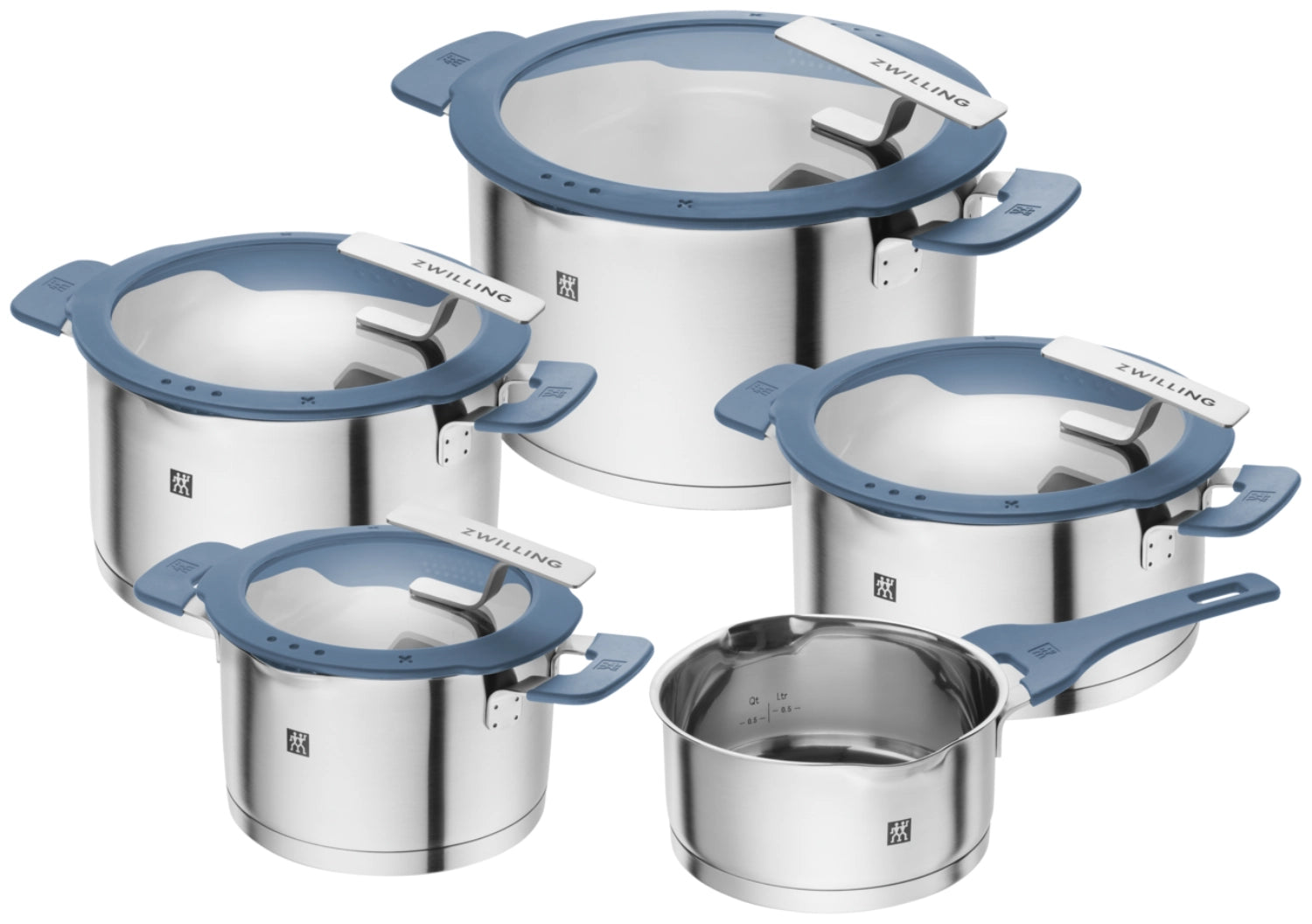 5tlg. Simplify Kochtopfset Taubenblau in Silber präsentiert im Onlineshop von KAQTU Design AG. Topf ist von Zwilling