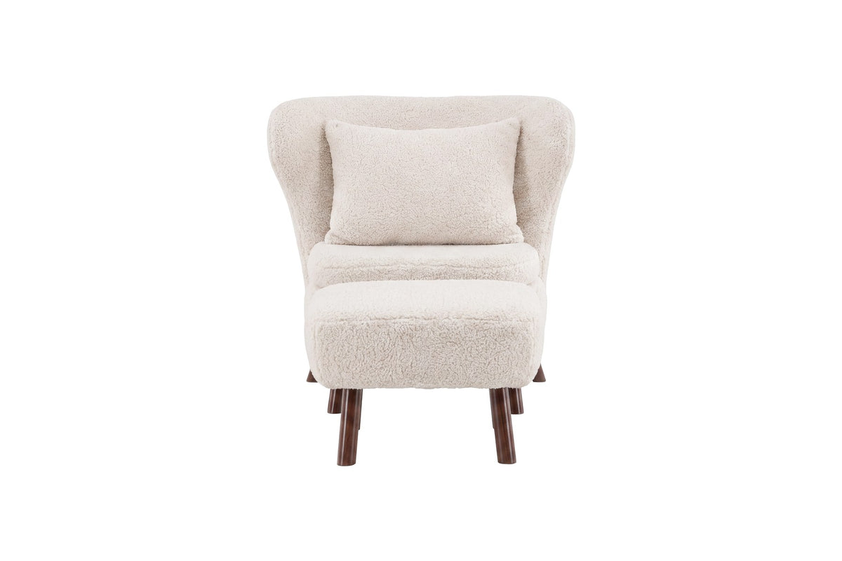 Weisser Loungesessel mit Bouclé-Bezug aus Polyester, Schaumstofffüllung und braunen Stahlbeinen im Holzeffekt-Design, Sitzhöhe 43 cm.