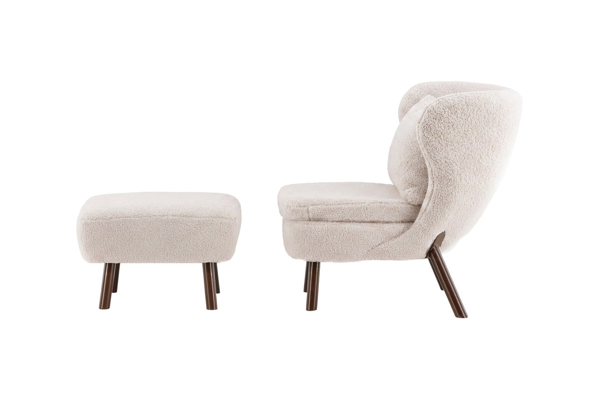 Weisser Loungesessel mit Bouclé-Bezug aus Polyester, Schaumstofffüllung und braunen Stahlbeinen im Holzeffekt-Design, Sitzhöhe 43 cm.