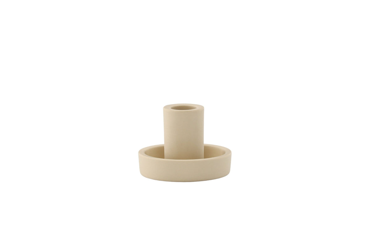Runder weisser Kerzenständer Ceco aus Ton mit schlichter, minimalistischer Form, Durchmesser 11 cm, Höhe 6 cm.
