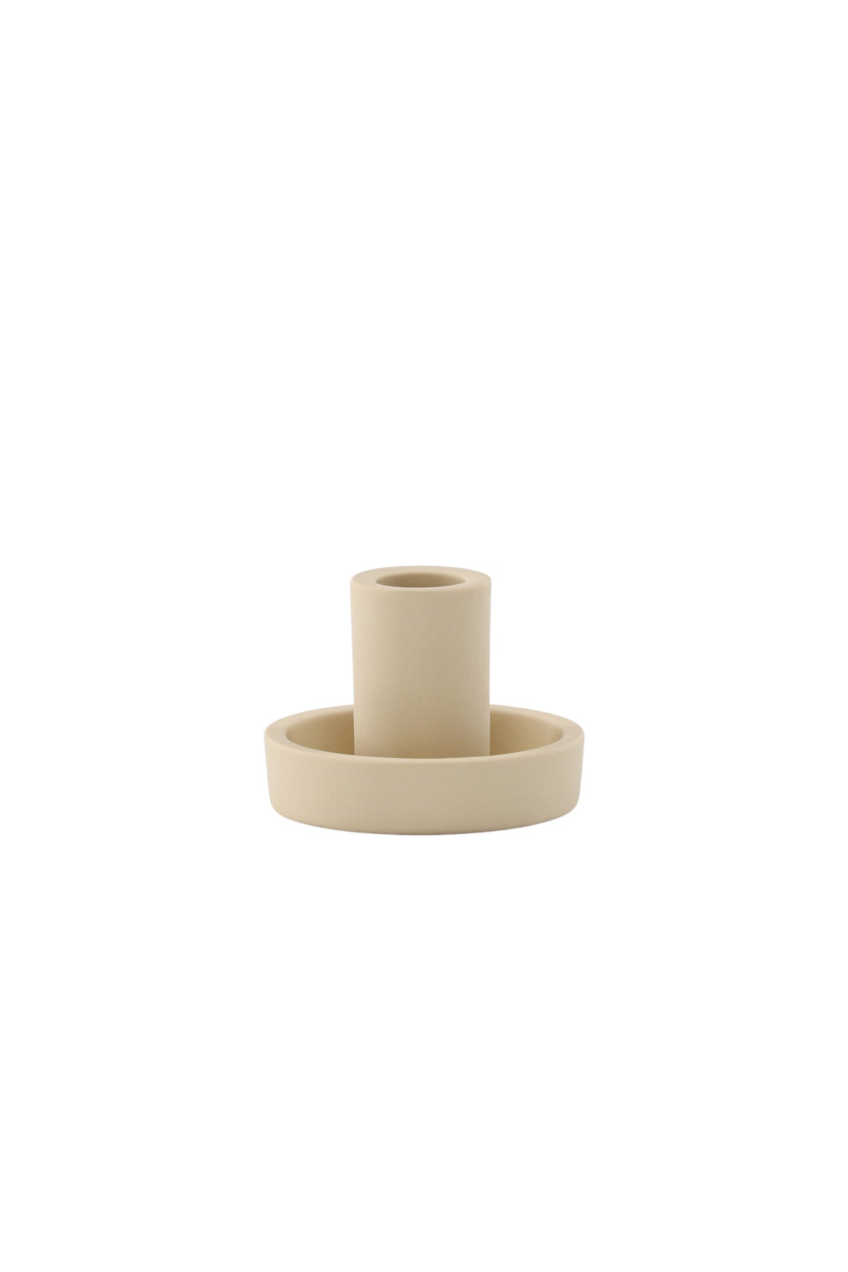 Runder weisser Kerzenständer Ceco aus Ton mit schlichter, minimalistischer Form, Durchmesser 11 cm, Höhe 6 cm.