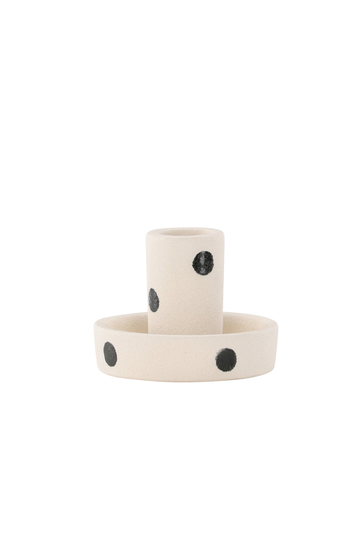 Runder weisser Kerzenständer Ceco aus Ton mit schlichter, minimalistischer Form, Durchmesser 11 cm, Höhe 6 cm.