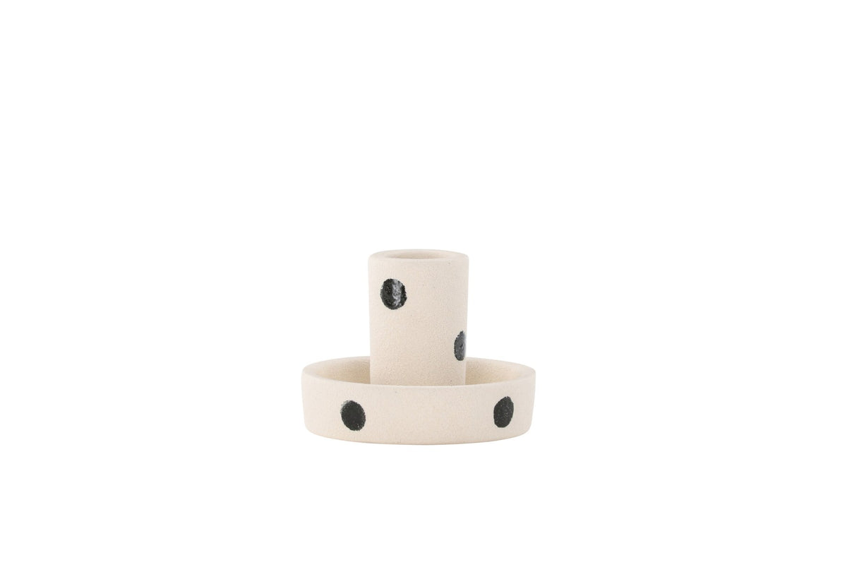 Runder weisser Kerzenständer Ceco aus Ton mit schlichter, minimalistischer Form, Durchmesser 11 cm, Höhe 6 cm.