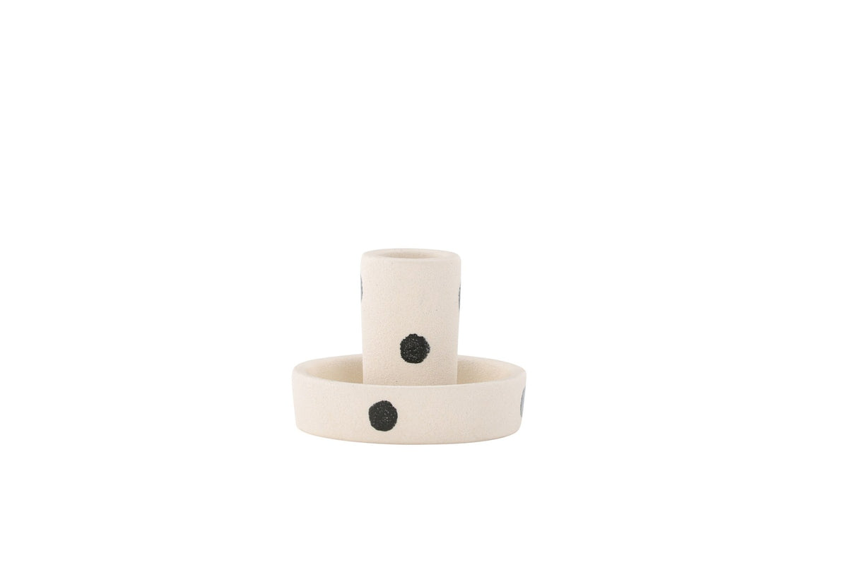 Runder weisser Kerzenständer Ceco aus Ton mit schlichter, minimalistischer Form, Durchmesser 11 cm, Höhe 6 cm.