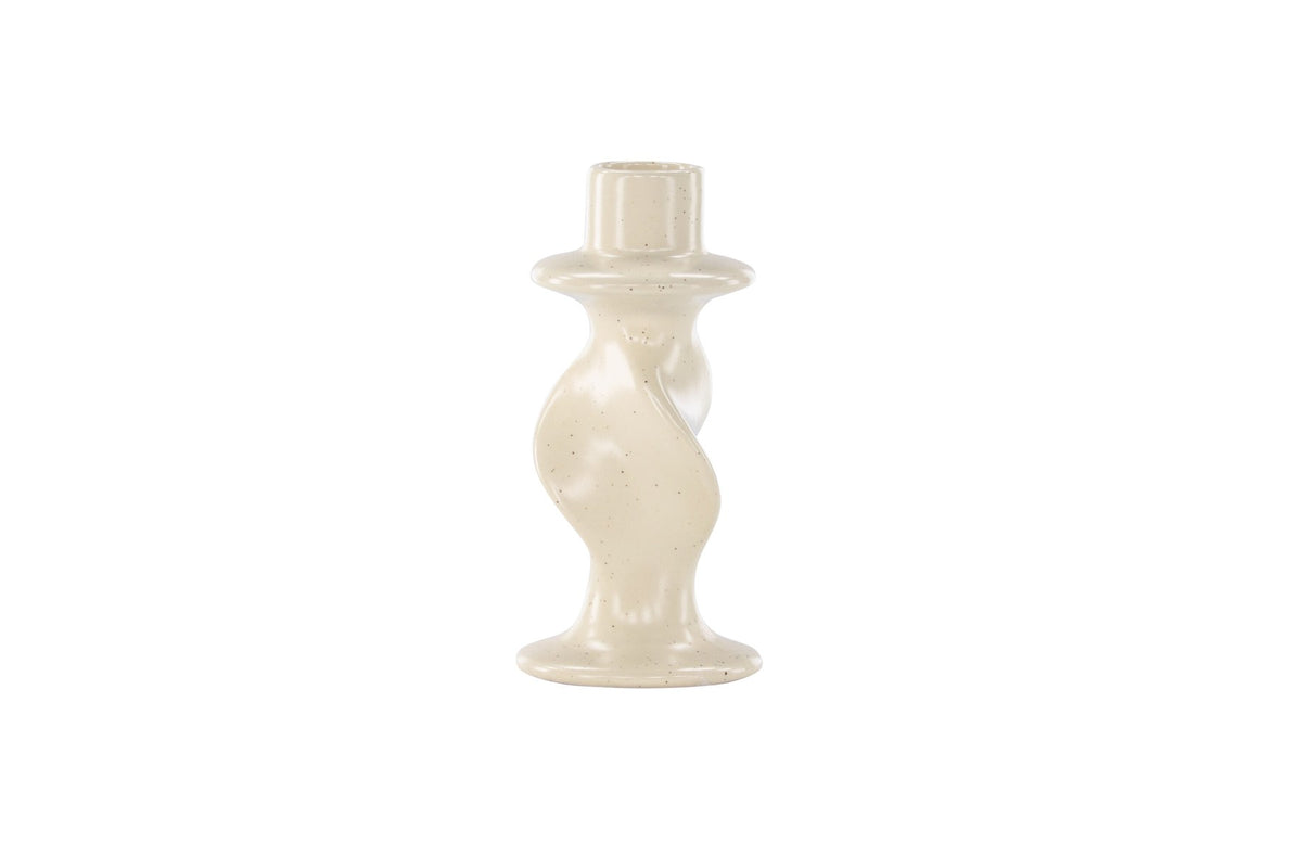 Kleiner runder Kerzenständer aus beigem Steinzeug, schlichte Form, Durchmesser 6 cm, Höhe 12 cm, Glory-Serie von Venture Home