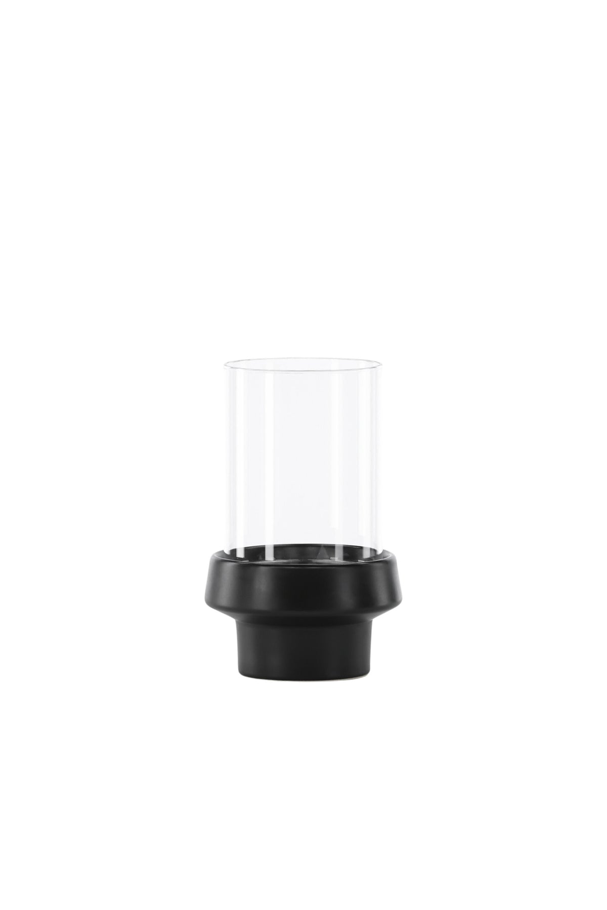 Teelichthalter Davida von Venture Home aus Steinzeug in Schwarz mit klaren Glasdetails, Grösse D: 13 cm x H: 20 cm, rundes Design.