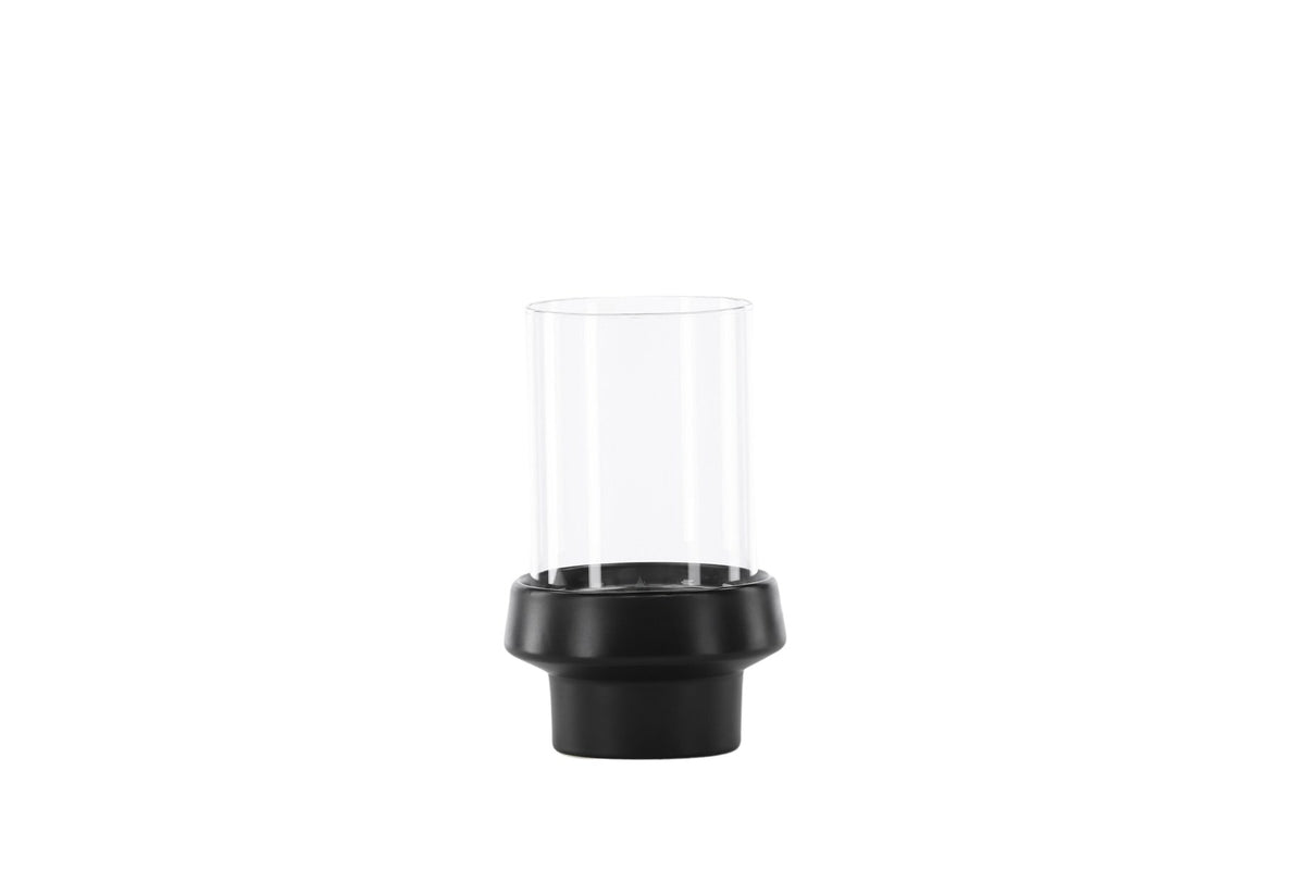 Teelichthalter Davida von Venture Home aus Steinzeug in Schwarz mit klaren Glasdetails, Grösse D: 13 cm x H: 20 cm, rundes Design.