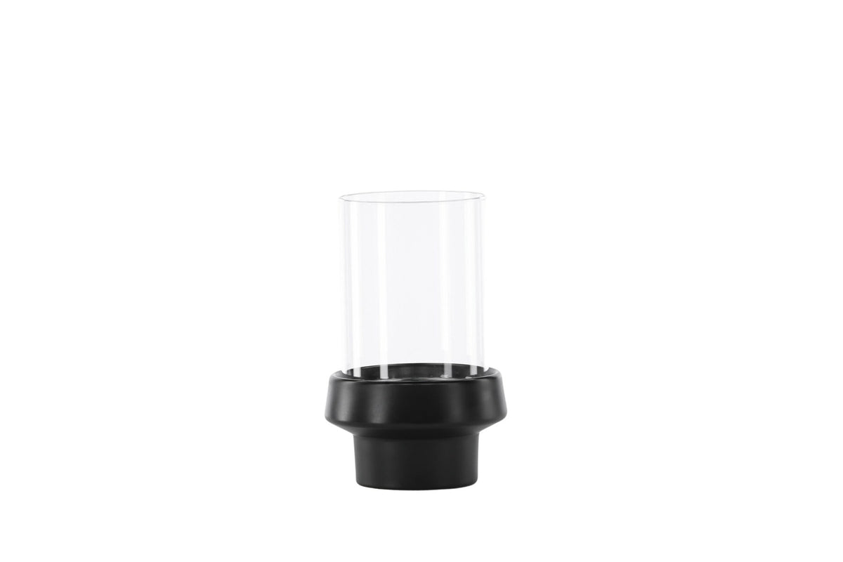 Teelichthalter Davida von Venture Home aus Steinzeug in Schwarz mit klaren Glasdetails, Grösse D: 13 cm x H: 20 cm, rundes Design.