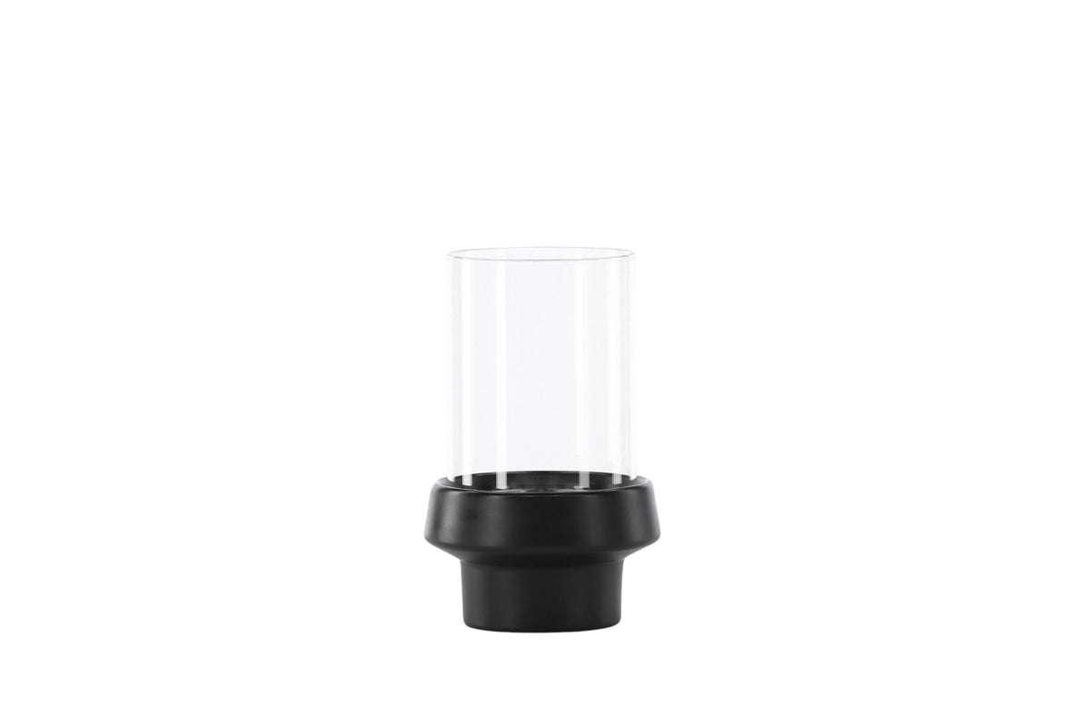 Teelichthalter Davida von Venture Home aus Steinzeug in Schwarz mit klaren Glasdetails, Grösse D: 13 cm x H: 20 cm, rundes Design.