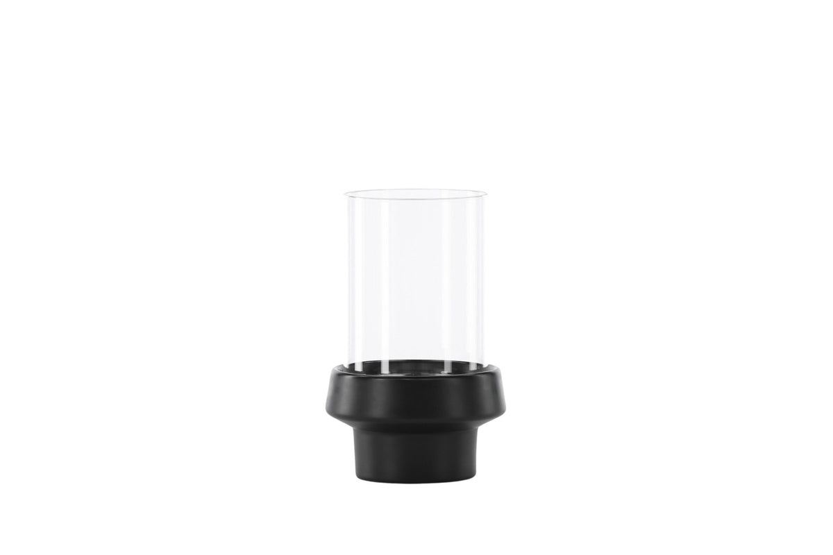 Teelichthalter Davida von Venture Home aus Steinzeug in Schwarz mit klaren Glasdetails, Grösse D: 13 cm x H: 20 cm, rundes Design.