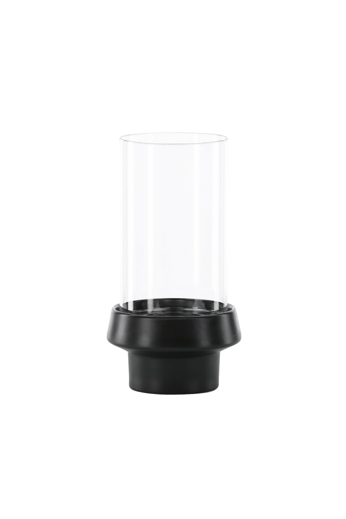 Teelichthalter Davida von Venture Home aus Steinzeug in Schwarz mit klaren Glasdetails, Grösse D: 13 cm x H: 20 cm, rundes Design.