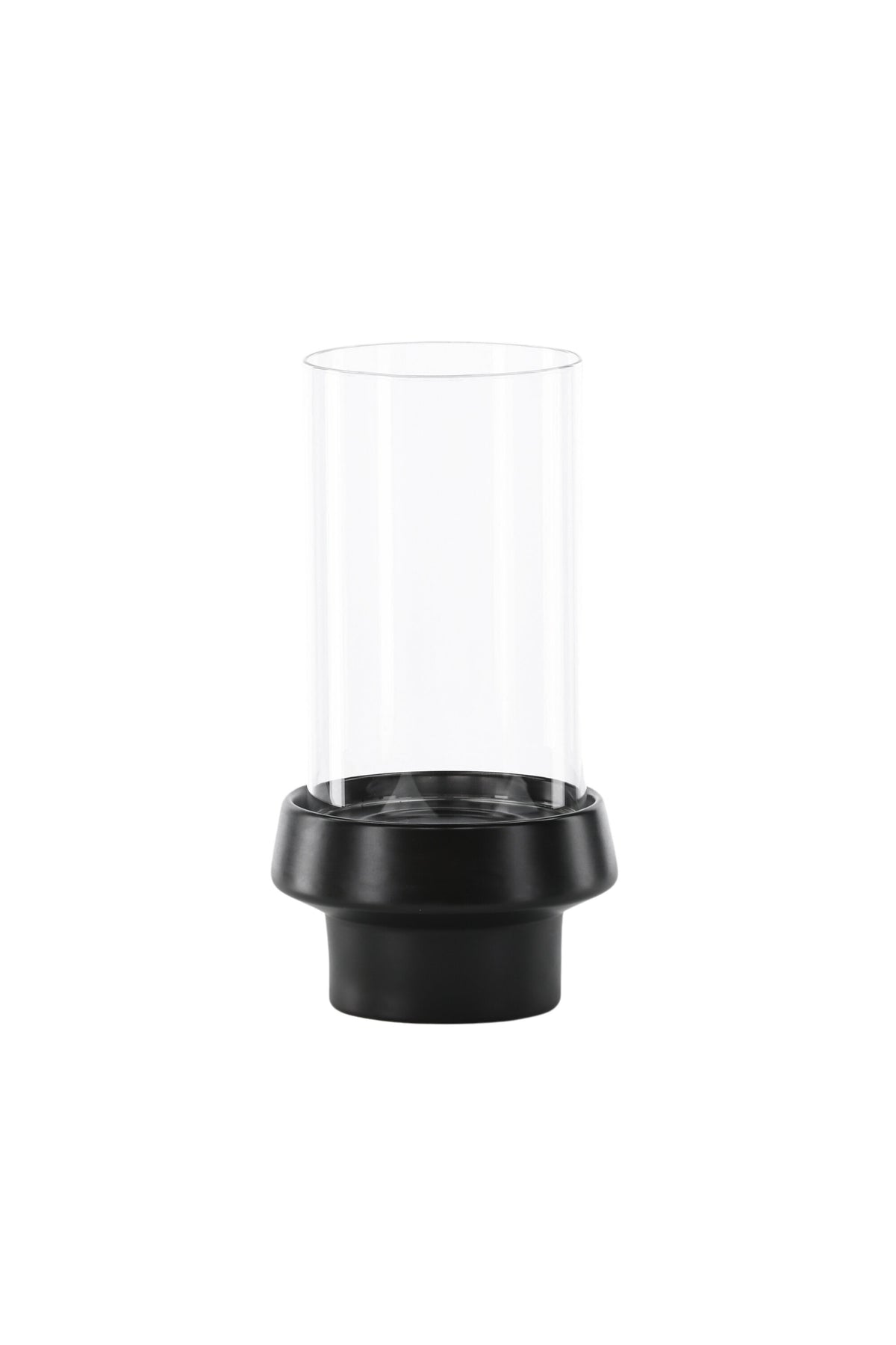 Teelichthalter Davida von Venture Home aus Steinzeug in Schwarz mit klaren Glasdetails, Grösse D: 13 cm x H: 20 cm, rundes Design.