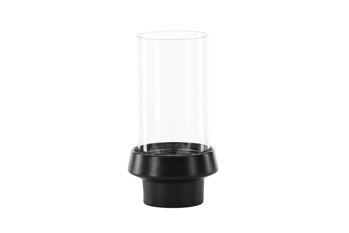 Teelichthalter Davida von Venture Home aus Steinzeug in Schwarz mit klaren Glasdetails, Grösse D: 13 cm x H: 20 cm, rundes Design.