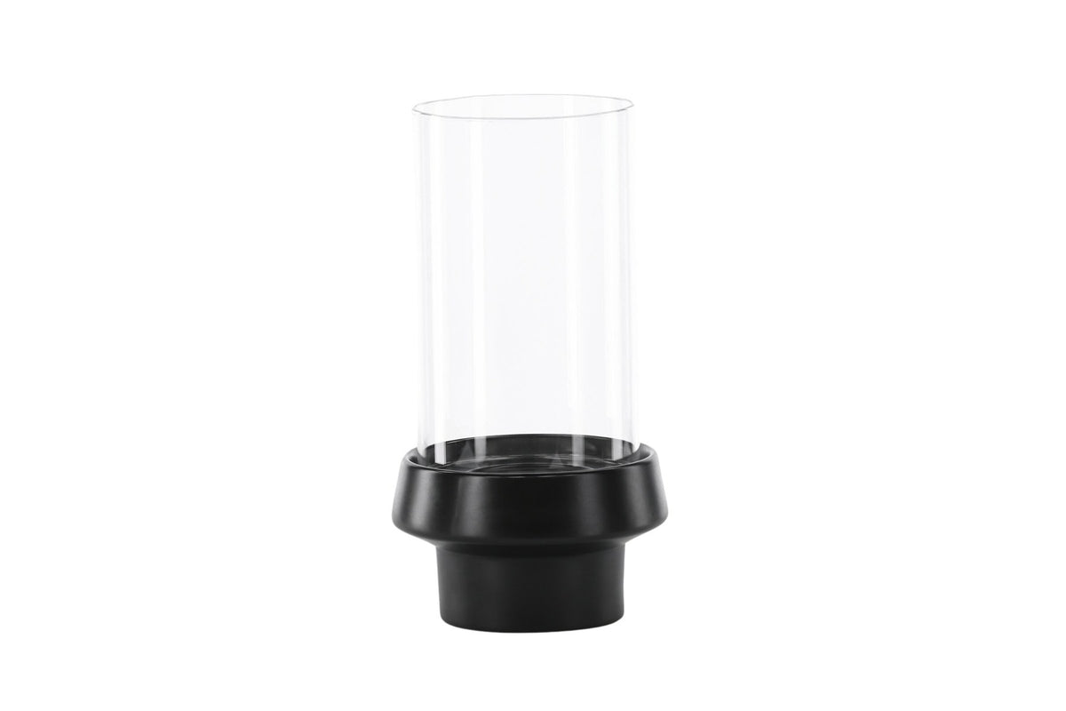 Teelichthalter Davida von Venture Home aus Steinzeug in Schwarz mit klaren Glasdetails, Grösse D: 13 cm x H: 20 cm, rundes Design.