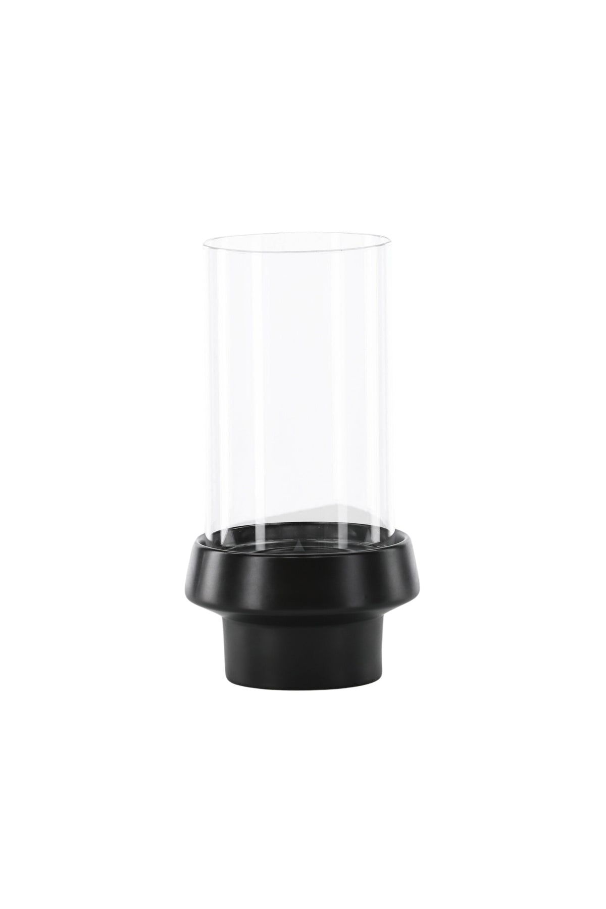 Teelichthalter Davida von Venture Home aus Steinzeug in Schwarz mit klaren Glasdetails, Grösse D: 13 cm x H: 20 cm, rundes Design.