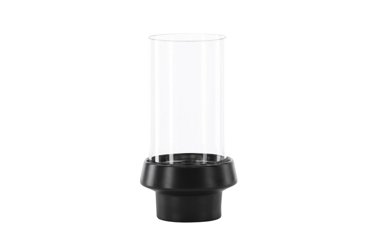 Teelichthalter Davida von Venture Home aus Steinzeug in Schwarz mit klaren Glasdetails, Grösse D: 13 cm x H: 20 cm, rundes Design.