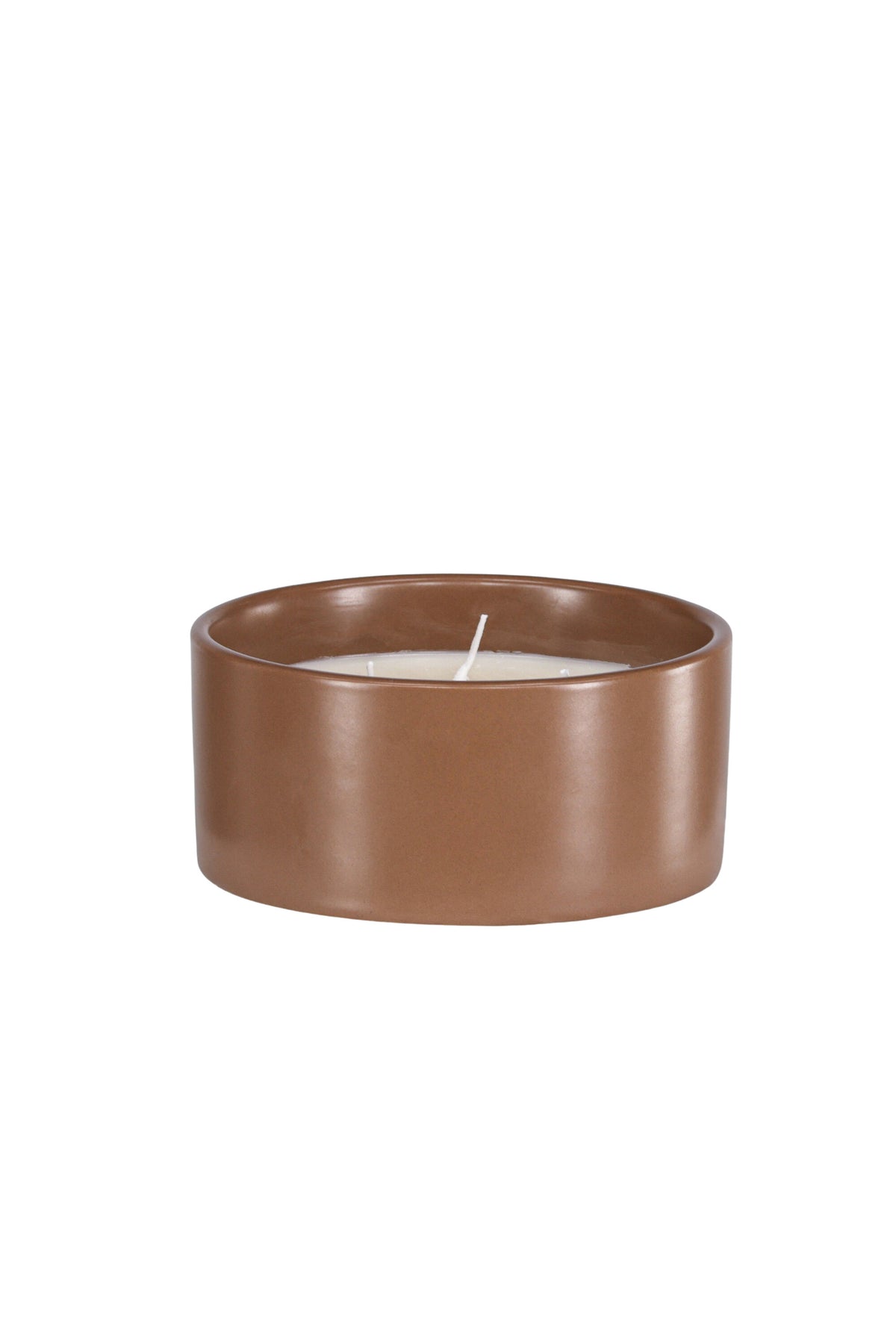 Runde Duftkerze aus braunem Keramikgefäss, Durchmesser 13 cm, Höhe 6 cm, von Venture Home aus der Serie Douglas.