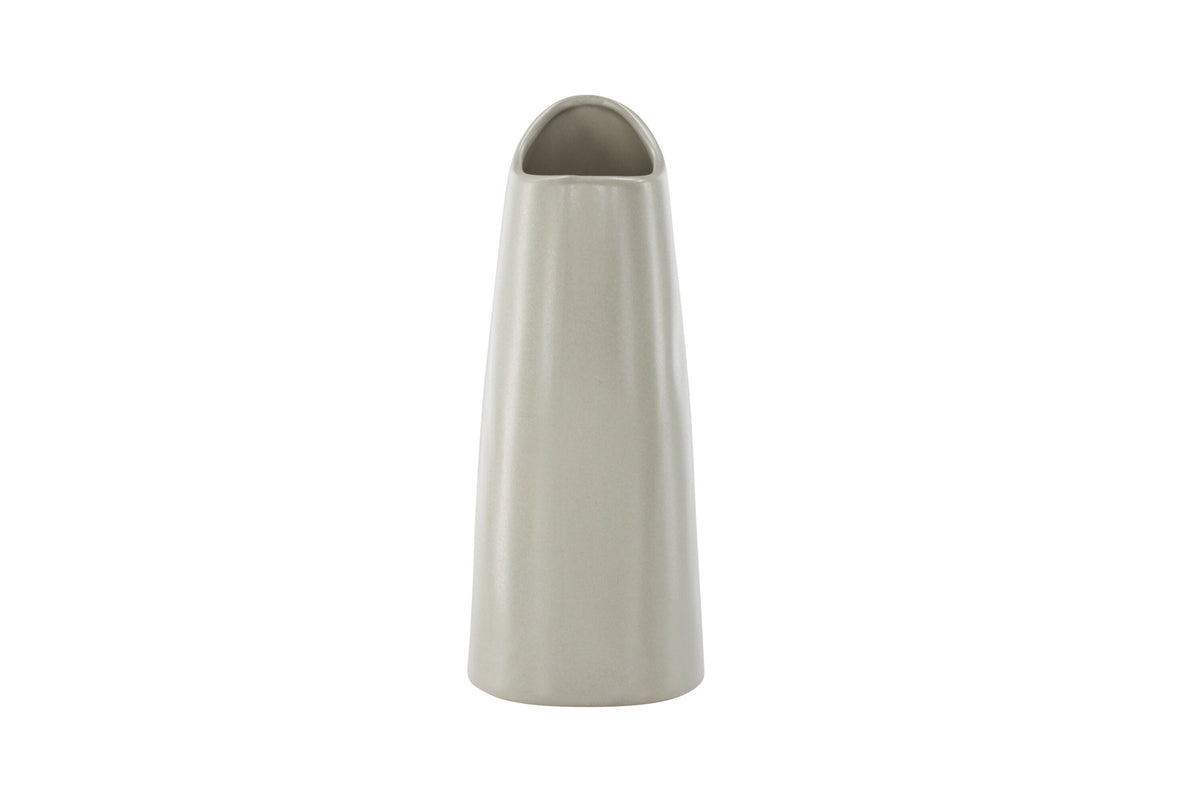 Beige Steinzeug-Vase Ernst mit schwarzen Punkten und glasierter Oberfläche, schlanke Form, Höhe 23 cm.