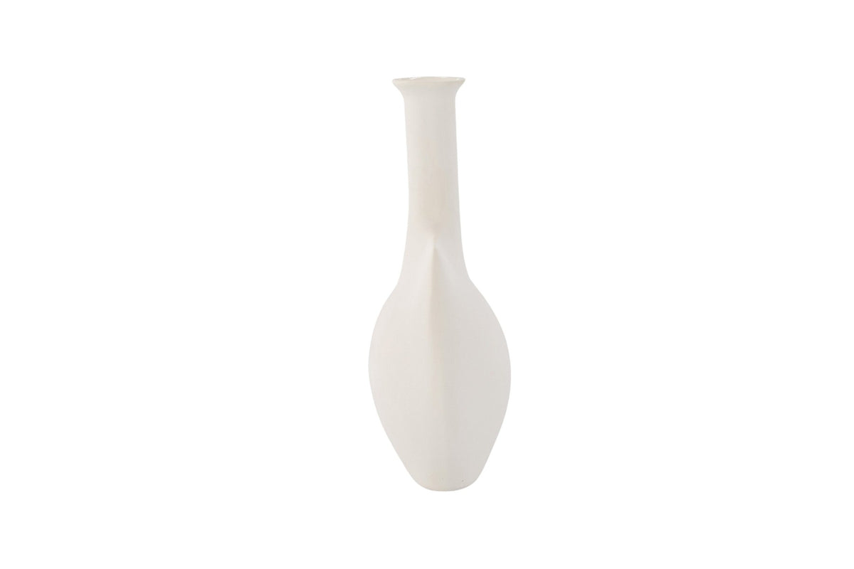 Cremefarbene Steinzeug-Vase mit schlankem, langem Hals und bauchiger Basis, Modell Madi von Venture Home, Off-White-Ton.