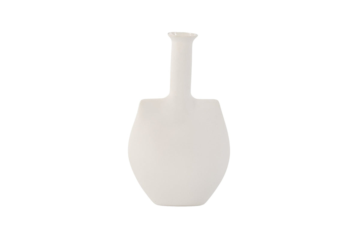 Cremefarbene Steinzeug-Vase mit schlankem, langem Hals und bauchiger Basis, Modell Madi von Venture Home, Off-White-Ton.