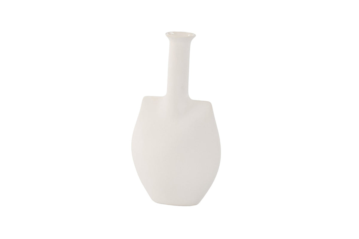 Cremefarbene Steinzeug-Vase mit schlankem, langem Hals und bauchiger Basis, Modell Madi von Venture Home, Off-White-Ton.