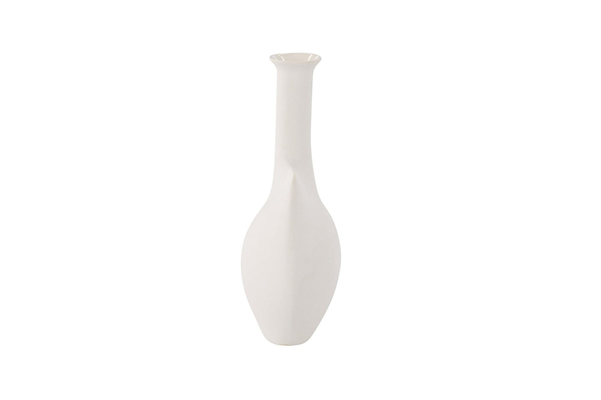 Cremefarbene Steinzeug-Vase mit schlankem, langem Hals und bauchiger Basis, Modell Madi von Venture Home, Off-White-Ton.