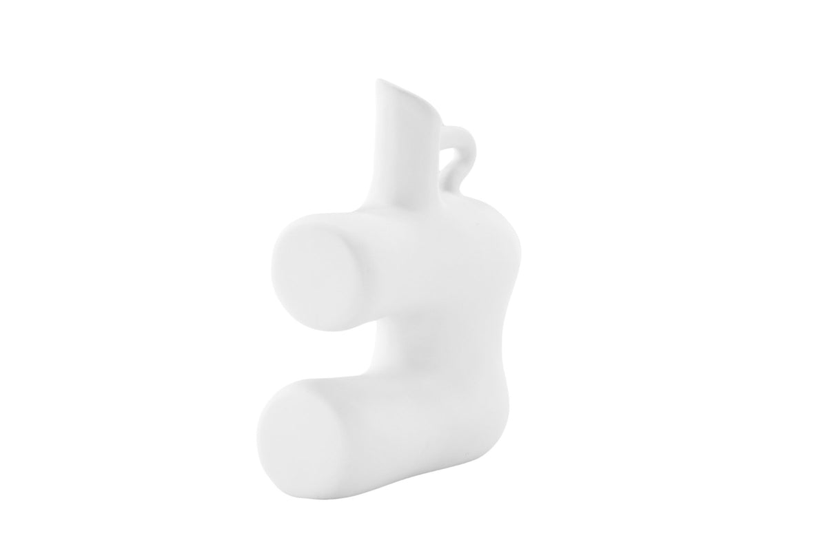 Weisse Vase Dity aus Steinzeug mit schmaler Öffnung, schlanker Form und glatter Oberfläche, freigestellt fotografiert.