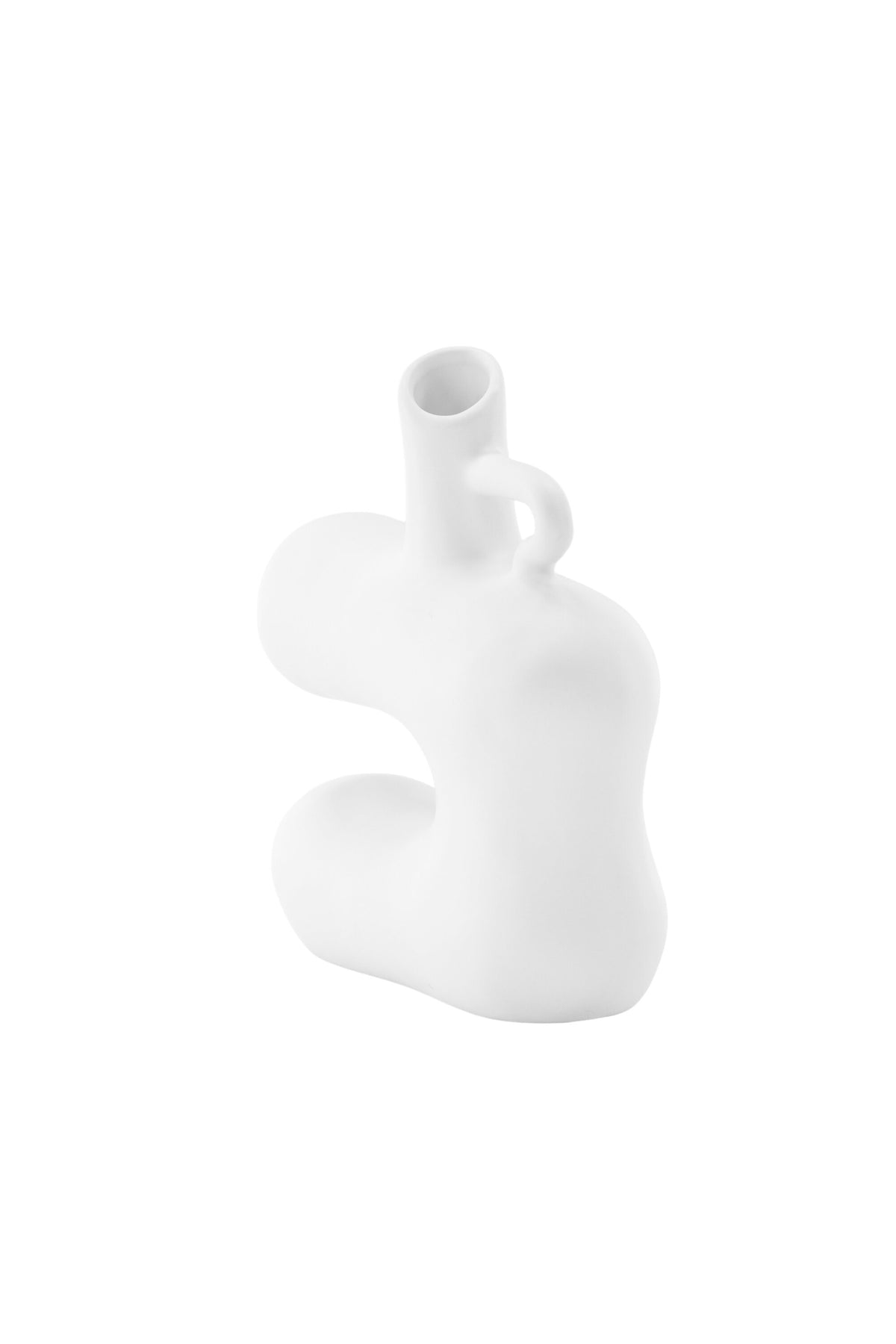 Weisse Vase Dity aus Steinzeug mit schmaler Öffnung, schlanker Form und glatter Oberfläche, freigestellt fotografiert.