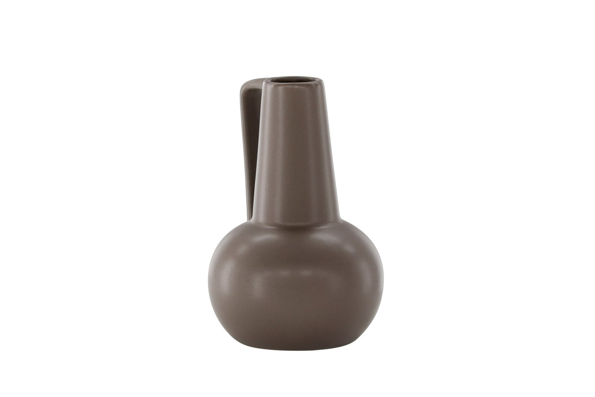 Zylindrische Vase aus Steinzeug in Beige und Schwarz mit seitlichem Griff, matte Oberfläche, Höhe 22 cm, Durchmesser 10 cm.